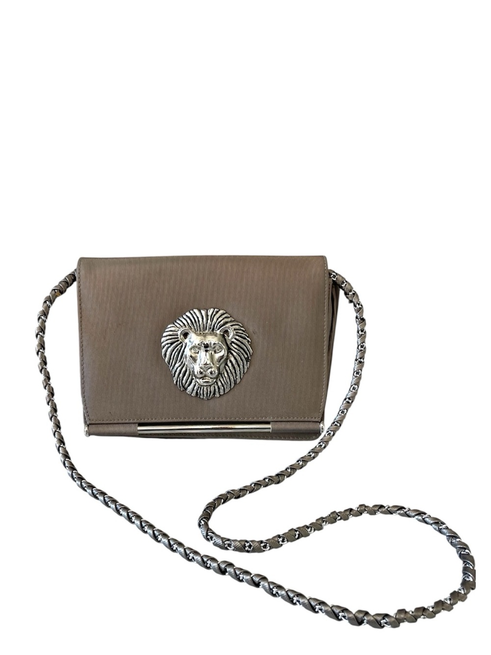 Vintage Lion Head Medallion Handbag Taupe Gray Chain Strap Statement Purse